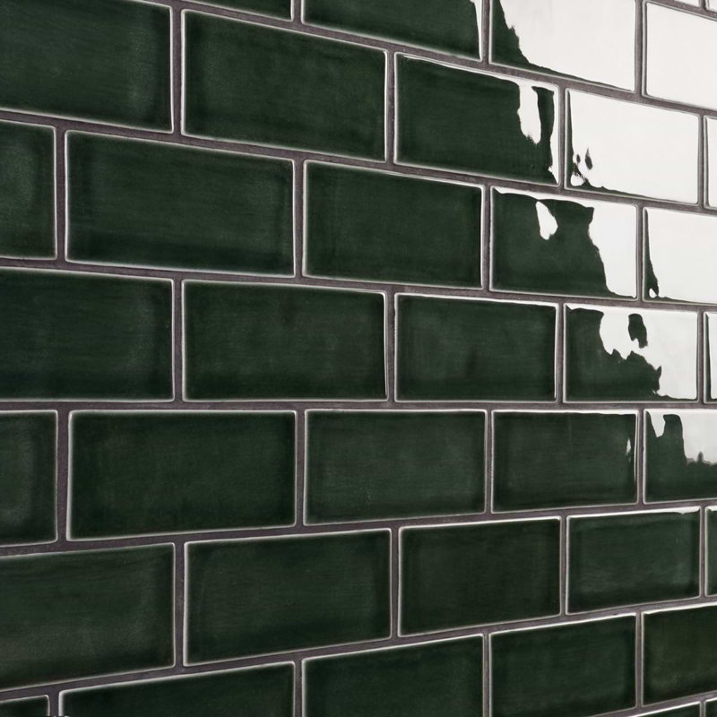 Nabi Subway 3X6 Crackled Glossy Glass Tile, Deep Emerald Green