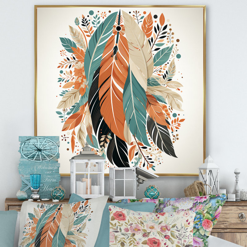 Plumes de bohème rétro en bleu et orange I, Cadre flottant doré, H 30 po x l 30 po