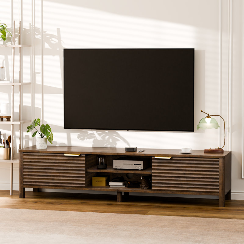 59" W Mid-Century TV Stand - Walnut Color Entertainment Center to 65" TVs, Dual Accessible Cabinets with Cable Outlet, Modern Home Furniture