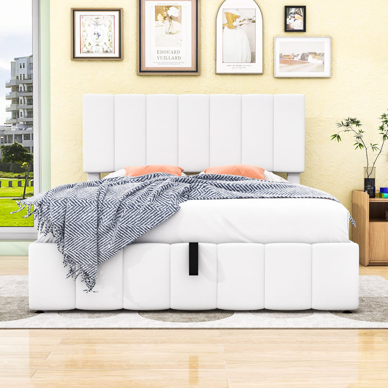 Lit plateforme tapissier avec rangement hydraulique Lyke, Double, Blanc