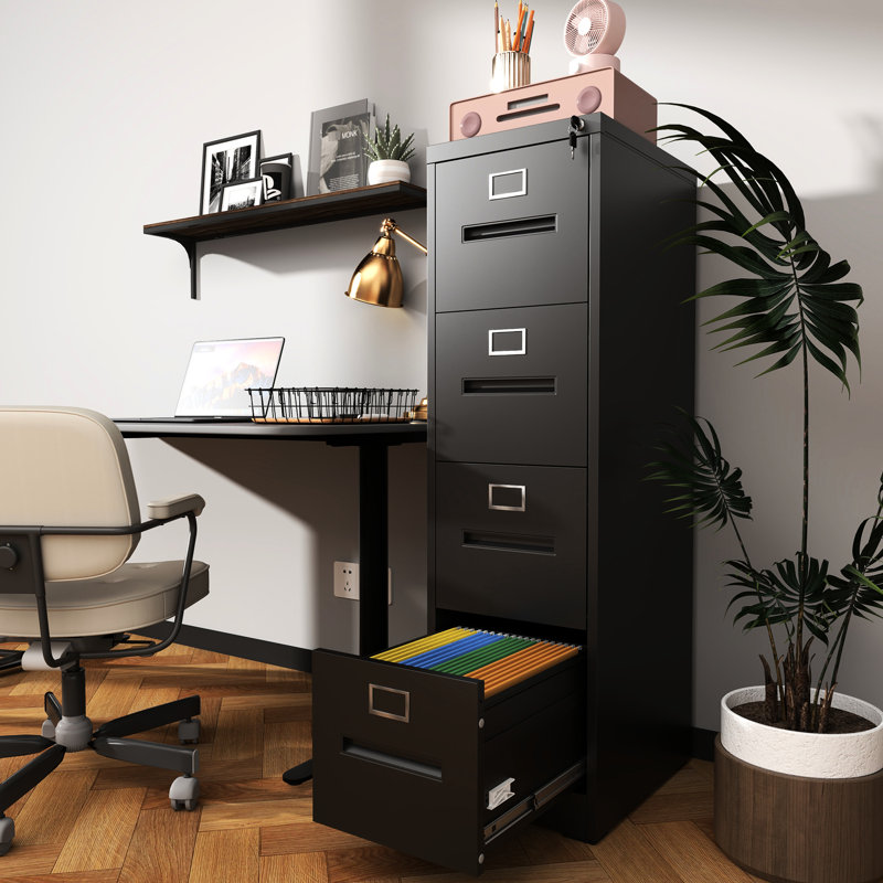 Home 4 Drawer Metal Vertical File Cabinet With Lock, A4 Letter/Legal Size, Adjustable Hanging Rods, - Tipping, Smooth Surface Finish, Modern Style Sliding,