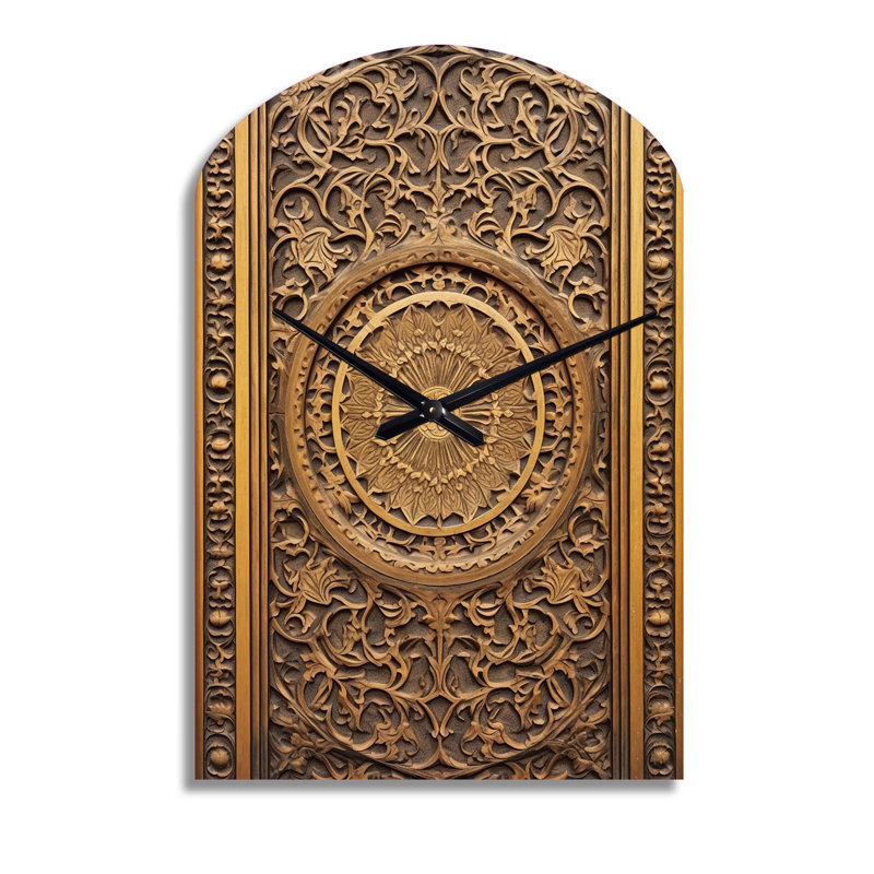Vieille porte en bois sculpté - horloge en métal en forme d'arche brune, Grand