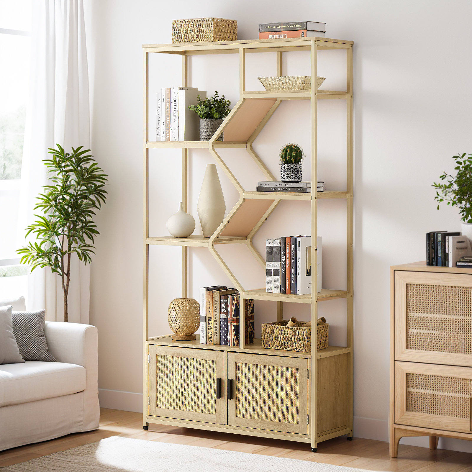 Bay Isle Home™ 7 Tiers Bookcases Storage Rack With Natural Rattan ...