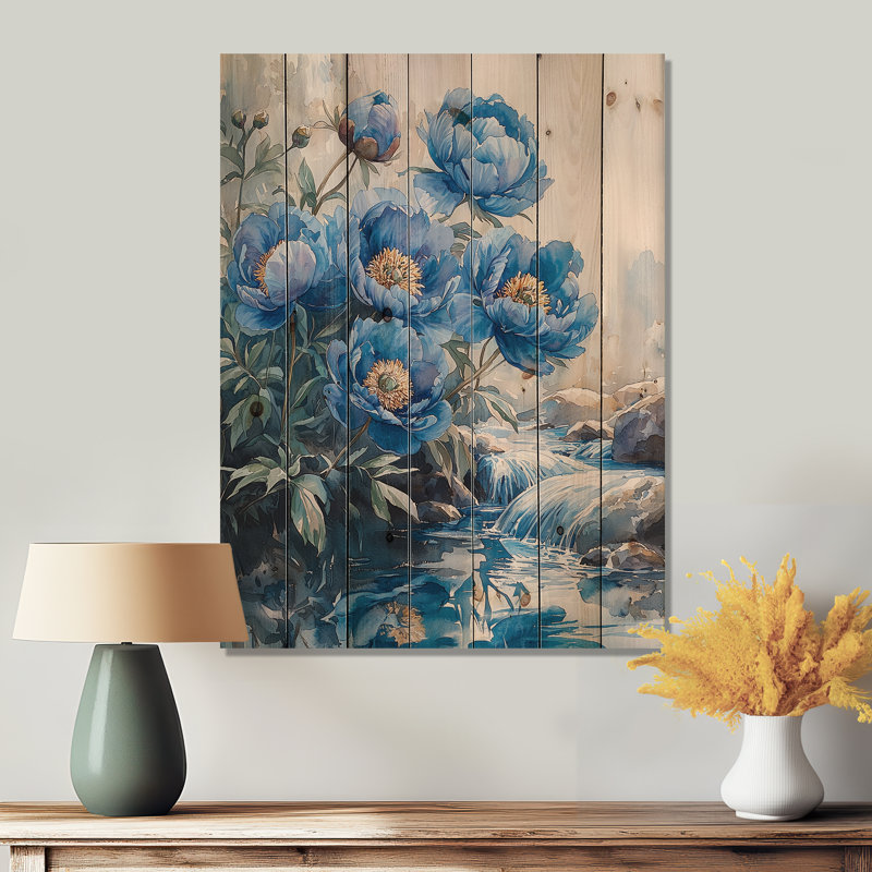 Pivoines bleues au bord du ruisseau I - Décoration murale en bois de pivoines - sur bois de pin naturel