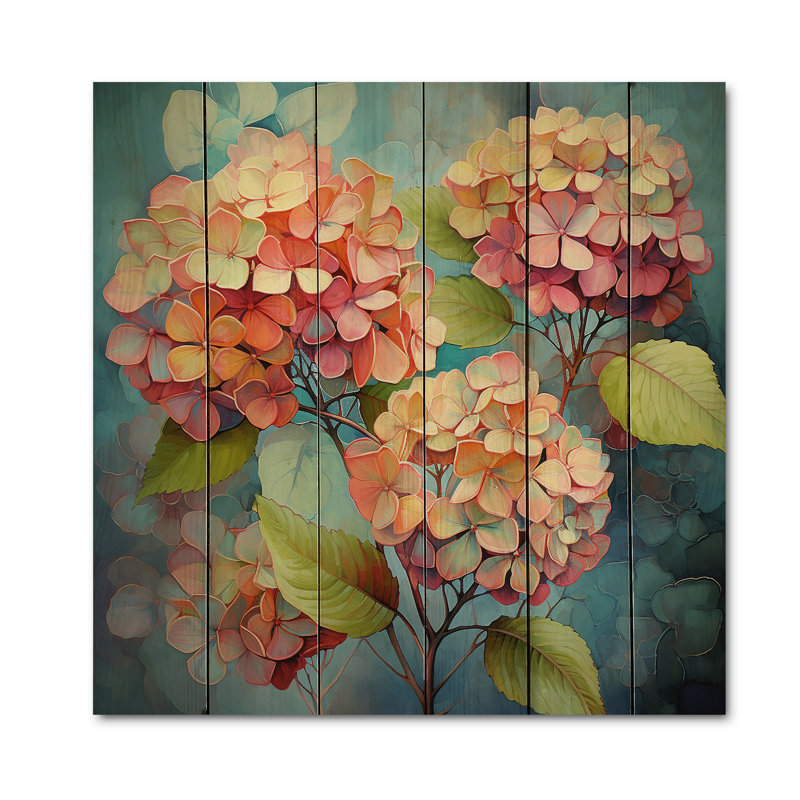 «Janelisse Coral Hydrangea Whimsical Whispers» sur impression sur bois, H 35 po x l 35 po x P 0,78 po