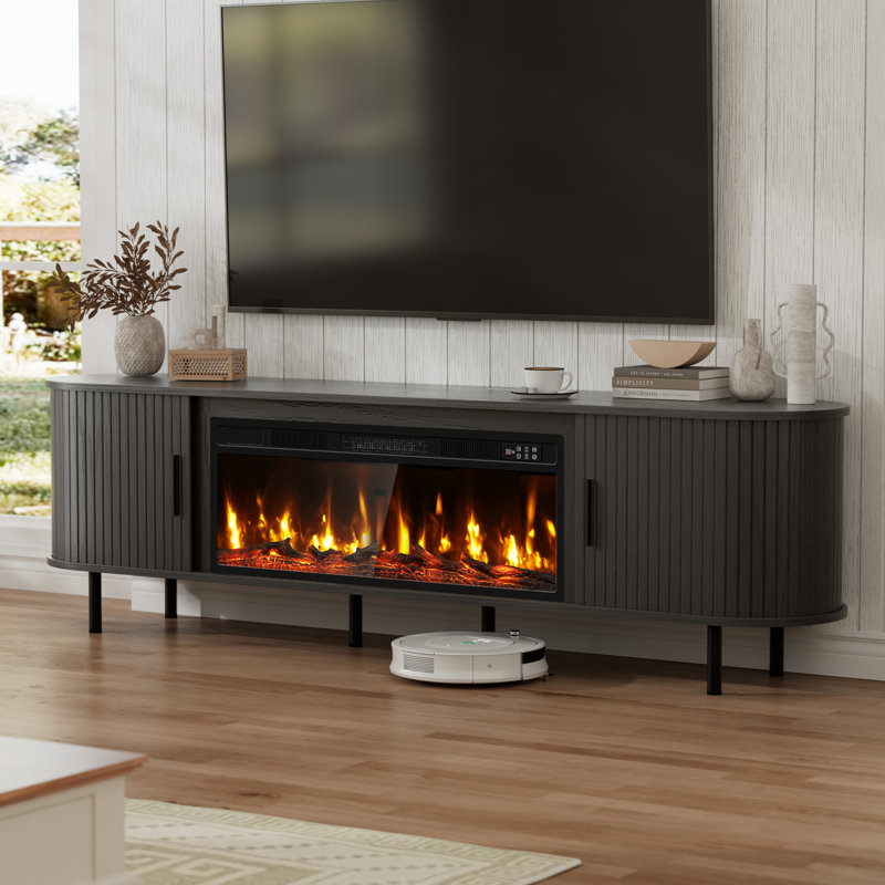 80" Modern Fireplace Tv Stand For Tvs Up To 90", Fluted Entertainment Center With Electric Fireplace, Media Console Cabinet For Living Room