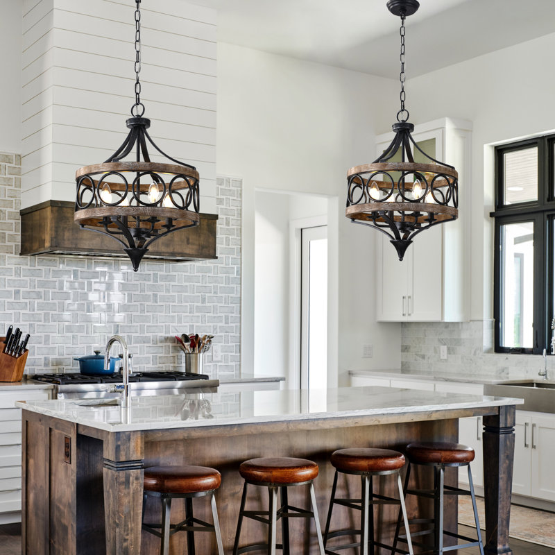 16" Rustic Farmhouse Solid Wood Chandelier, 4-Light Pendant Light with 72" Adjustable Chain for Foyer, Dining Room, Living Room