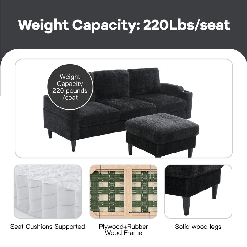 Adylynn Upholstered L-Shaped Sectional, Black Polyester