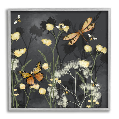"Herbes et insectes sur fond gris sur bois" par Jade Reynolds, impression