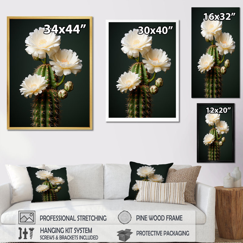 Cactus ivoire isolé sur toile, Cadre flottant doré, H 32 po x l 24 po x P 1 po