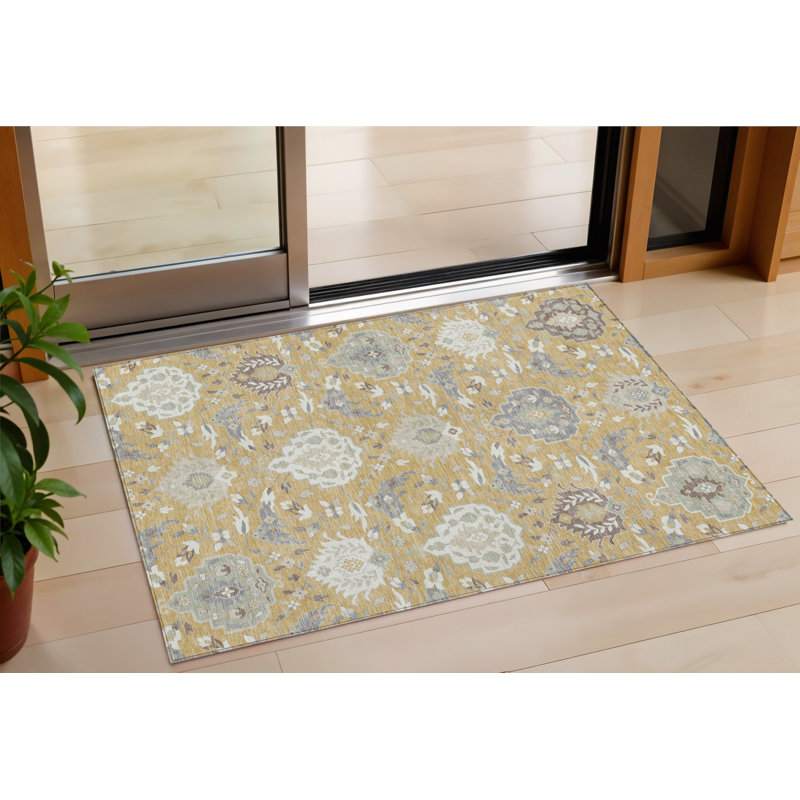 3' X 5' Gold Ivory And Gray Damask Washable Indoor Outdoor Area Rug