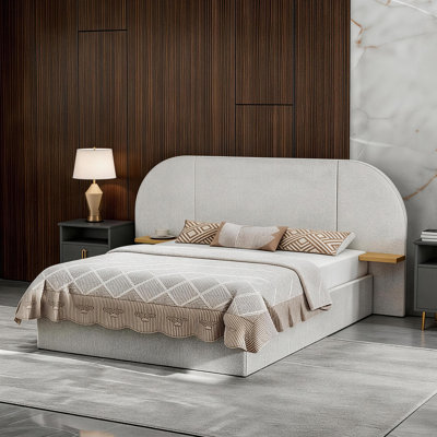  Upholstered Panel Bed with Oversized Arched Headboard and Side Ledges