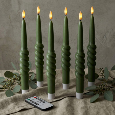10" Twisted Spiral Flameless LED Taper Candles - Loden Green, Set of 6 - Remote, 2/4/6/8-Hr Timer (24-hr Memory), Bottom On/Off Button, Dimmable, Battery Operated, Flicker/Steady