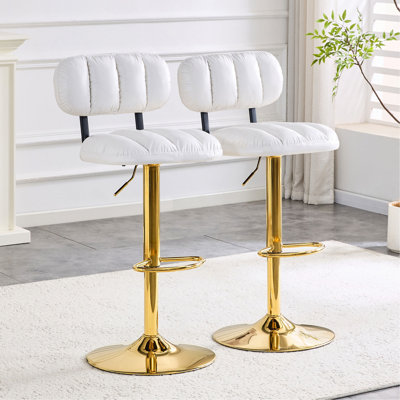Ensemble de 2 tabourets de bar à hauteur réglable, sièges rembourrés en similicuir avec base et repose-pieds en métal doré, tabourets luxueux pour îlot de cuisine, bar personnel, salon