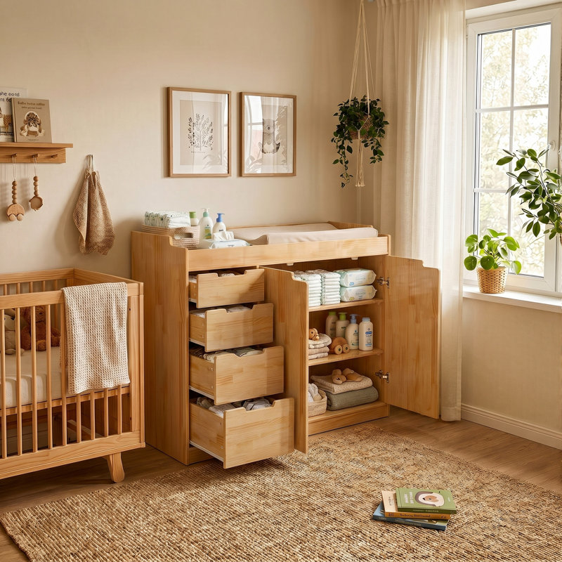  118cm Wide Solid New Zealand Pine Wood Baby Changing Table - 4-drawer Diaper Cabinet With Double Door Cupboard - Eco-friendly Nursery Storage - Natural
