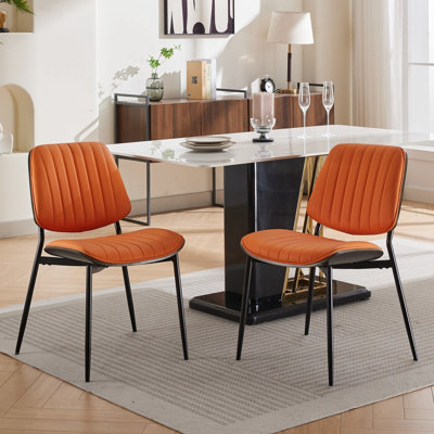 2 chaises de salle à manger de style Mid-Century, revêtement en polyuréthane orange, dossier en noyer, pieds en métal et ergonomique pour bureau à domicile