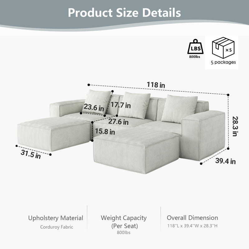 118" U-Shaped Cloud Sectional Sofa Plush Corduroy 5-Seater Compression Sofa with 2 Footrests, No Assembly Required
