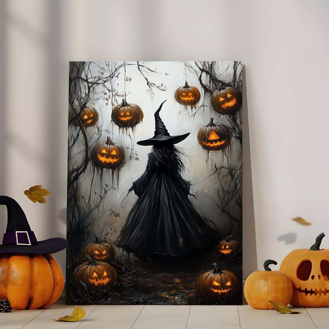 Halloween Witch Canvas Wall Art Dark Spooky Forest Witch Frame Painting Jack O Pumpkin Lanterns Bare Trees Picture For Haunted House & Party Decor 16X