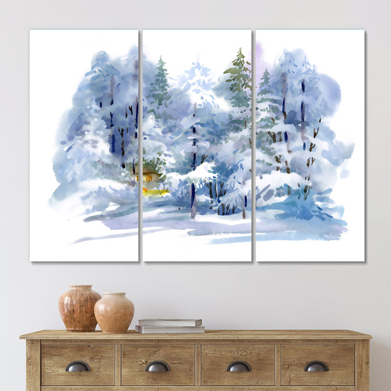 «Winter Forest Snowy Landscape», peinture sur toile tendue 3 pièces, H 32 po x l 48 po x P 1 po