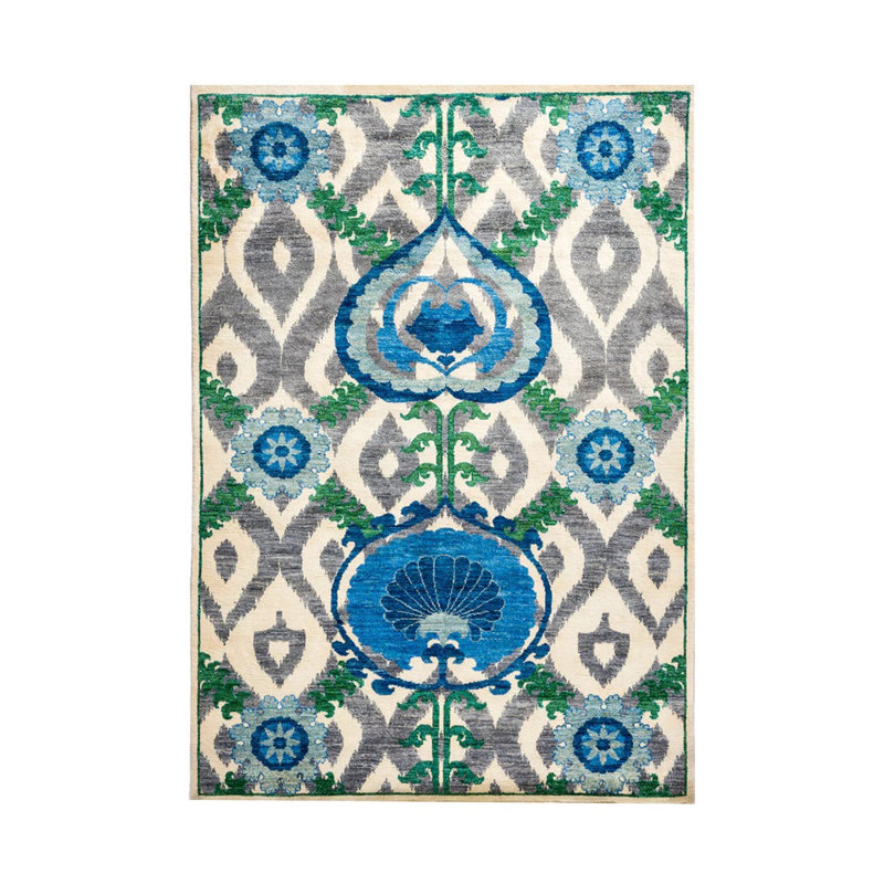 Tapis décoratif vert à motif ikat multicolore Suzani, Tapis de couloir 3 pi 9,81 po x 9 pi 10,11 po