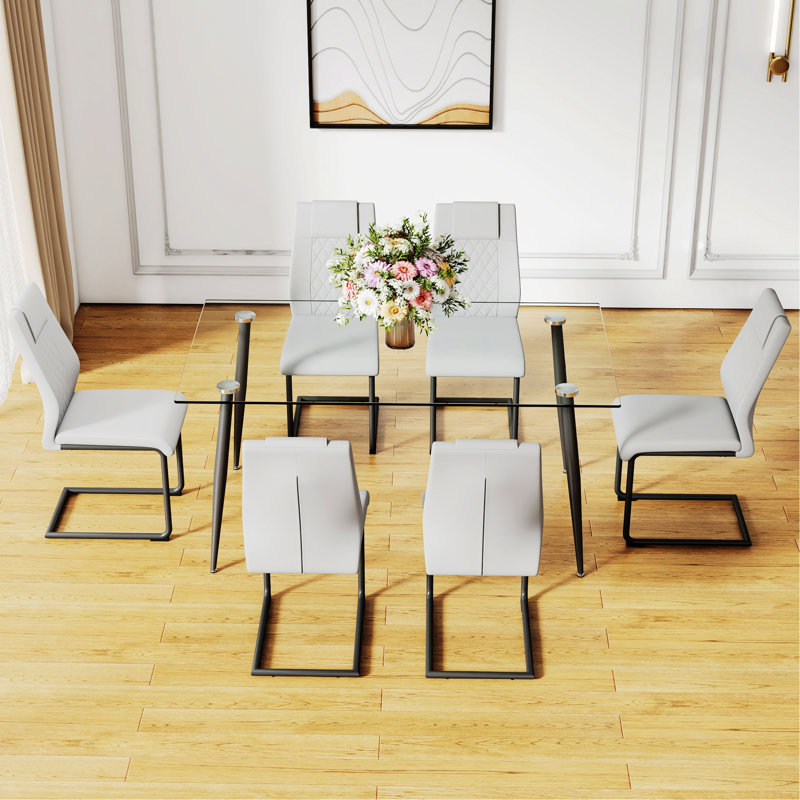 Table de salle à manger Minimalist, plateau en verre trempé et pieds en métal, sans accoudoirs