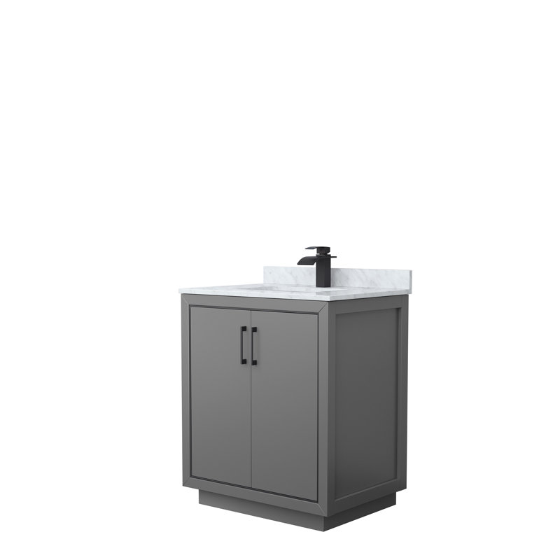 Meuble-lavabo sur pied simple 30 po avec comptoir en quartz, Blanc, Noir mat, Marbre de Carrare blanc