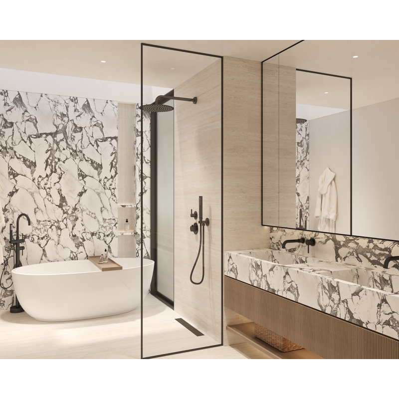 Système de douche thermostatique Tinian avec panneau de commande divisé avec pomme de douche de 12 pouces, douche à main en noir mat