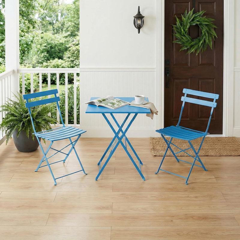 3 Piece Folding Patio Bistro Set, Patio Table & Chairs, No Assembly, Blue, Blue