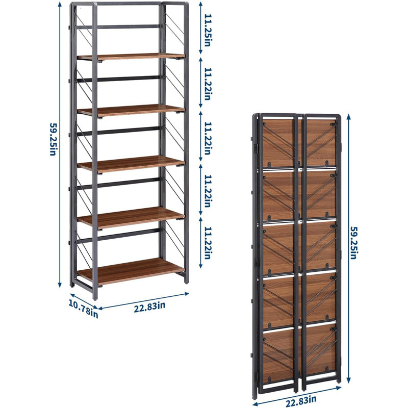 5-Tier Folding Bookcase, Engineered Wood Shelving Unit, No Assembly Required, Classic Style for Home Office and Study, Brown