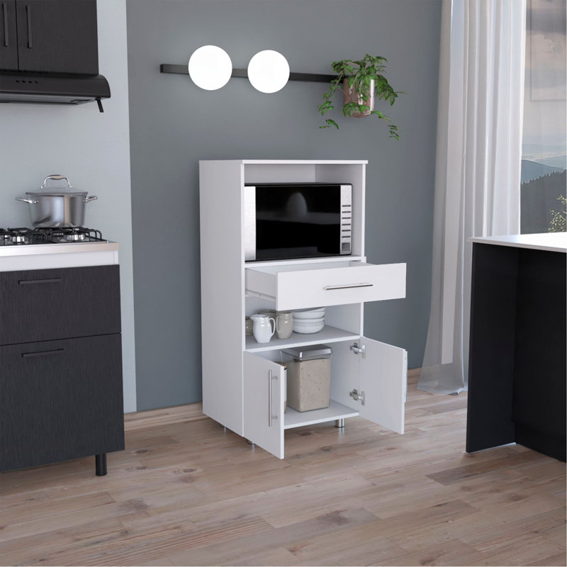 Kitchen Pantry H 48 po, deux tablettes de rangement ouvertes, une pour micro-ondes, deux portes, quatre pieds, blanc