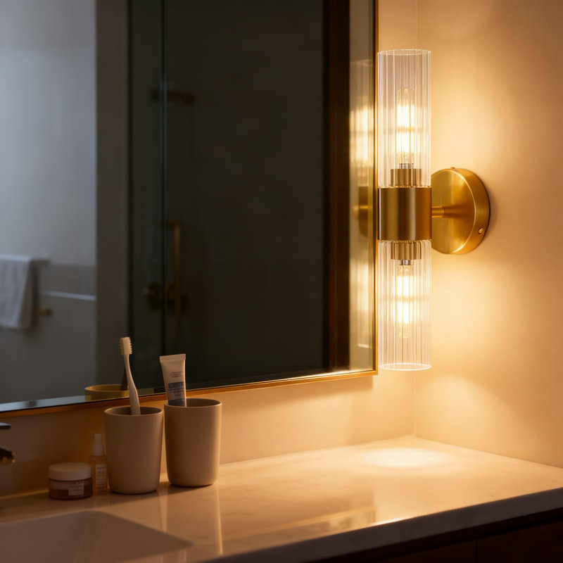 Luminaire de meuble-lavabo moderne à 2 lumières avec abat-jour en verre, applique murale en laiton brossé pour miroir, chambre à coucher, couloir, décor de ferme