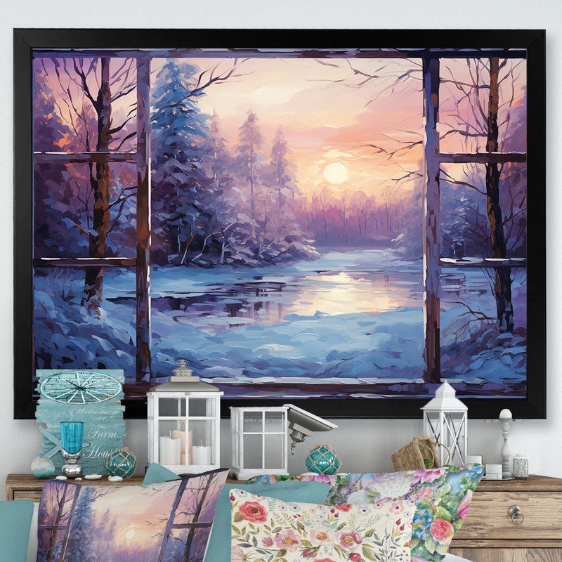 «Purple River Winter Windows II - Winter Landscape», art mural, Cadre d'angle fermé noir, H 12 po x l 20 po x P 1 po