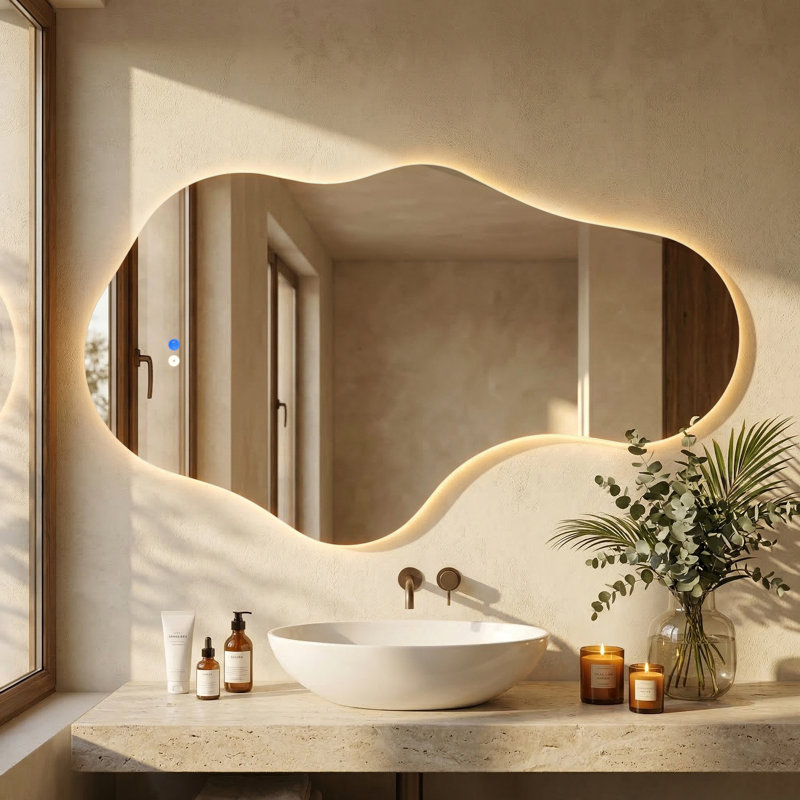 Asymmetrical LED Frameless Backlit Wall Mirror Bathroom Vanity Mirror with 3 Color Adjustment and Anti-Fog, 43" x 26", Pebble