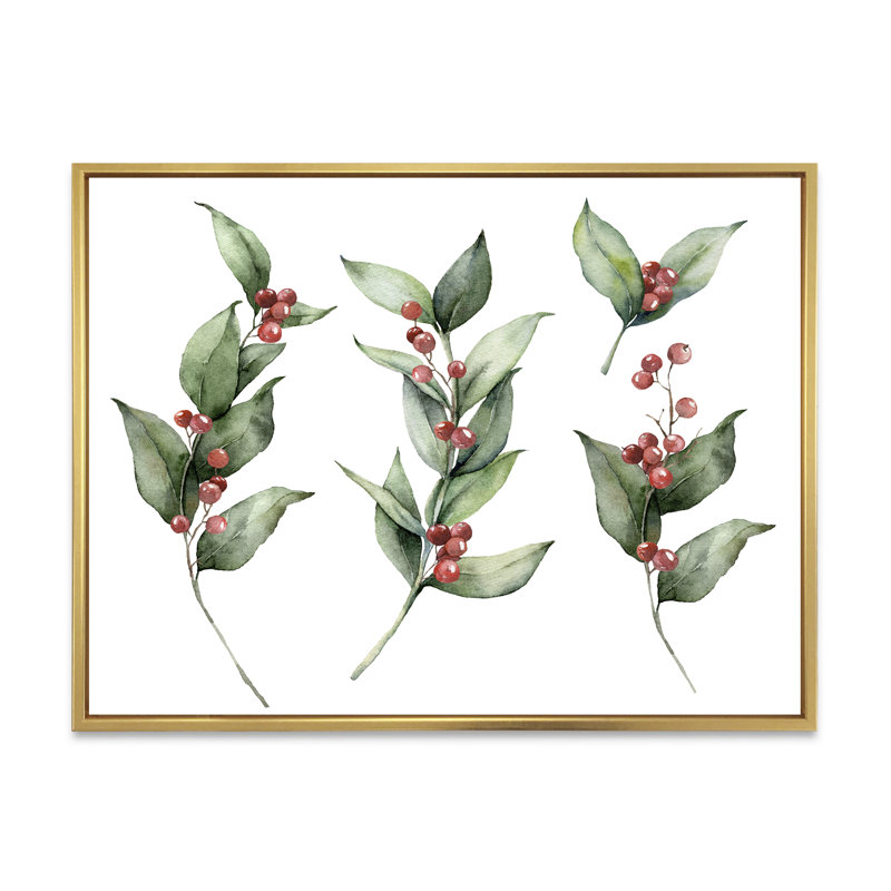 Ensemble de Noël avec branches et Berrie rouge - Peinture sur toile, H 12 po x l 20 po x p 1 po, Cadre flottant doré