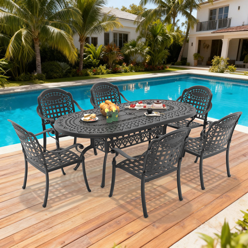 7-Piece Patio Dining Set, 81.89"L Oval Table with Umbrella Hole & 6 Stackable Chairs, Blue Cushions, 6