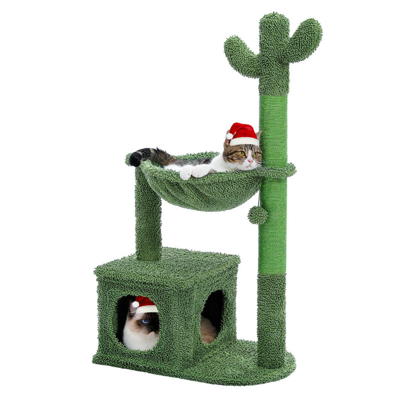 40'' Green Cactus Cat Tree with Hammock and Condo