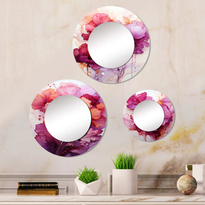 «Blossoming Magenta Bliss Ink Cloud Watercolor III», ensemble de miroirs ronds sur décor abstrait en métal brillant