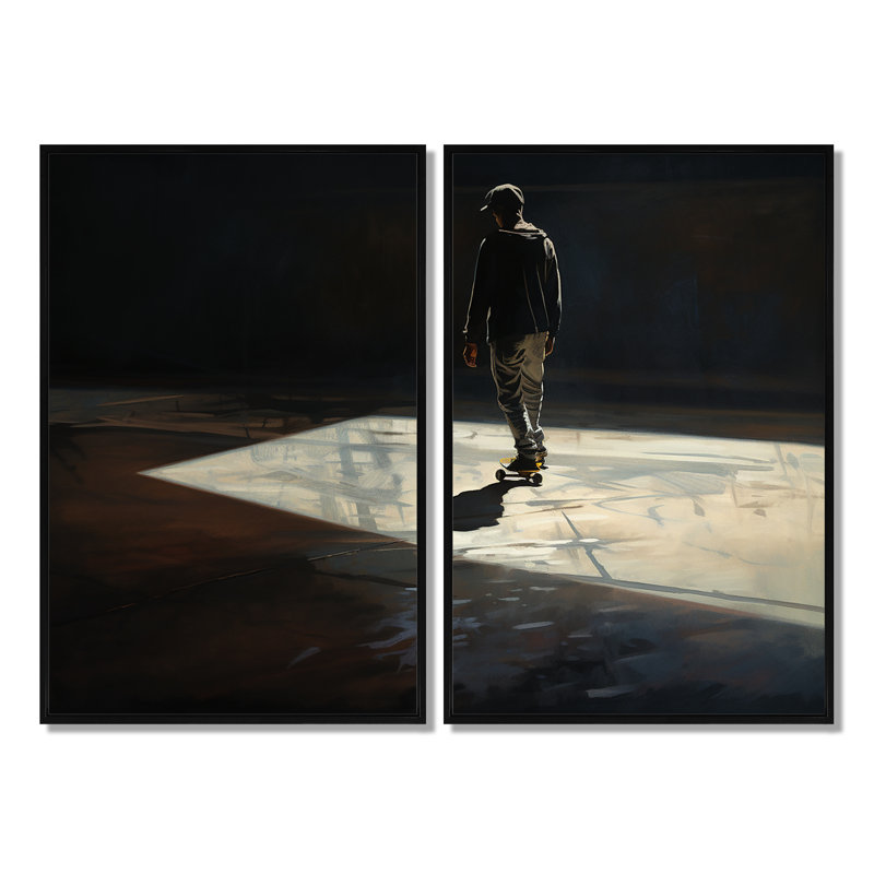 Skateboard Street Shadows - Art mural moderne sur toile, Black, 36" H x 48" W, Impression encadrée flottante