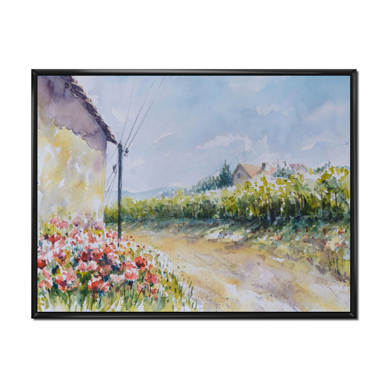 Fleurs de coquelicot par une campagne - peinture sur toile, H 34 po x l 44 po, Cadre flottant noir