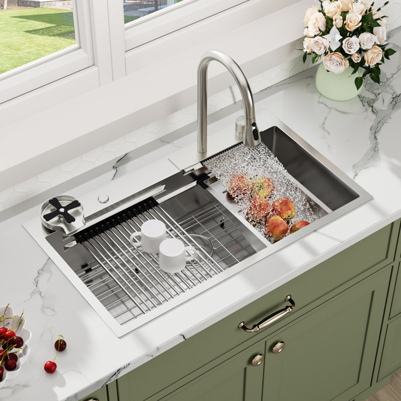 Waterfall Kitchen Sink 33"L x 22"W Drop-in Stainless Steel Kitchen Sink with Pull-Down Faucet, Brushed Nickel