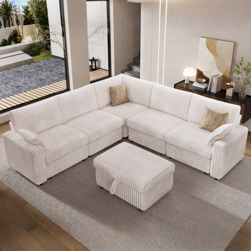 Canapé modulaire à 5 places, canapé en velours côtelé avec repose-pieds de rangement, coussin de siège surdimensionné, conception modulaire pour des combinaisons flexibles, assemblage sans outil, comprend 2 coussins décoratifs