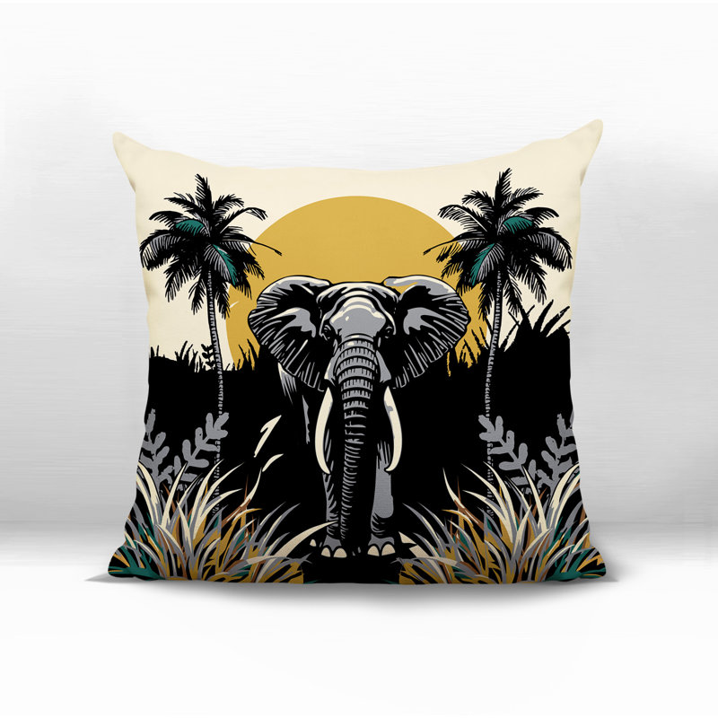 Coussin décoratif intérieur / extérieur Sima Elephant, Carré 17 po, Noir