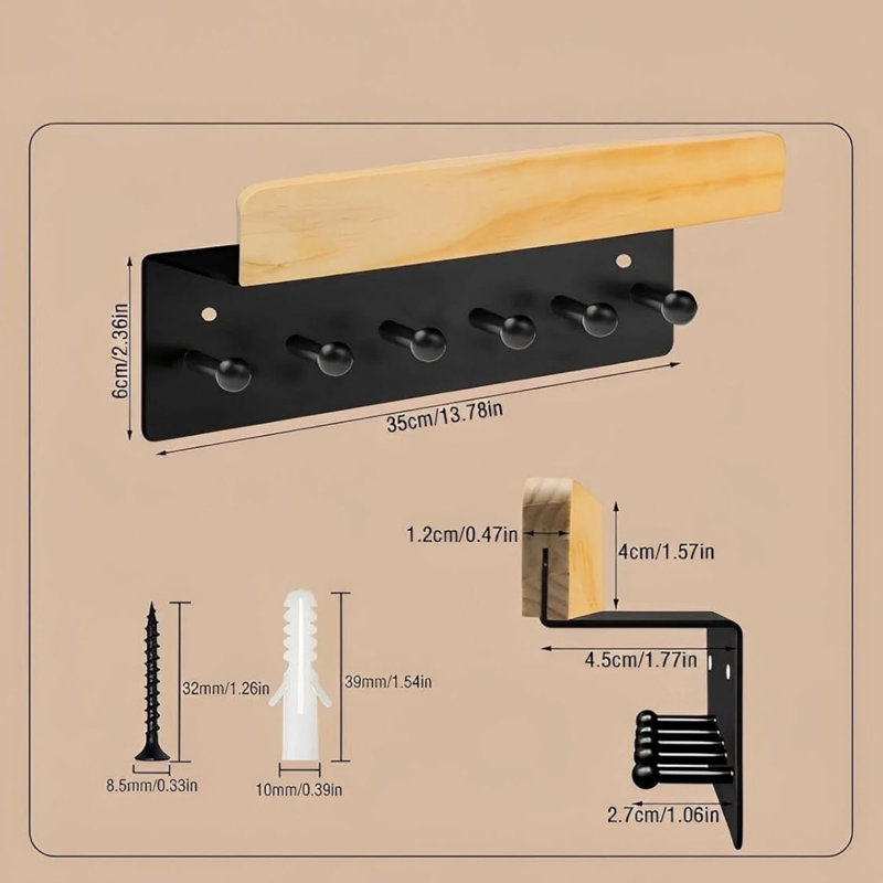 Wood Wall Organizer with Key Hooks