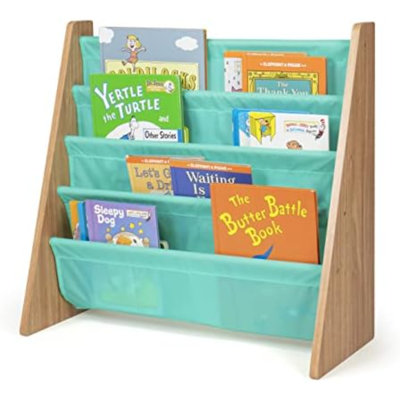 Bibliothèque pour enfants à 4 niveaux, bois naturel / vert écume de mer - étagère à livres de qualité supérieure pour chambres d'enfants avec quatre poches profondes