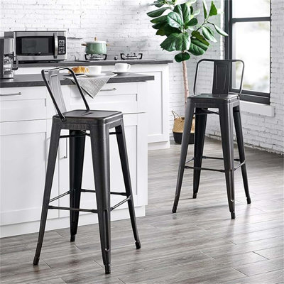 Ensemble de 2 tabourets de bar en bois massif avec dossier baquet - hauteur de comptoir 30 po, style campagnard rustique industriel avec repose-pieds et base en métal à 4 pieds (finition vieillie)