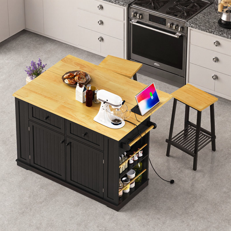 Grand îlot de cuisine de 48 po avec prise de courant, rallonge, tablettes et roulettes, blanc, Noir