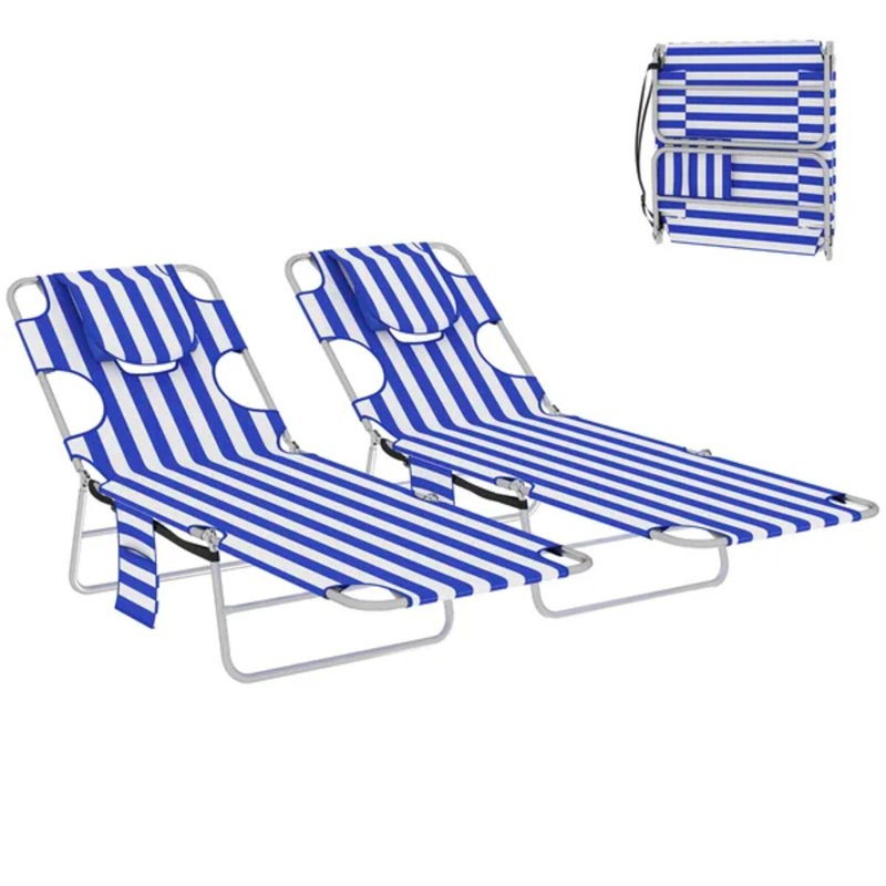 Ensemble de 2 chaises longues à rayures bleues, chaise longue pliante réglable à 5 positions avec trou pour le visage et coussin, fauteuil inclinable d'extérieur portable pour le camping près de la plage