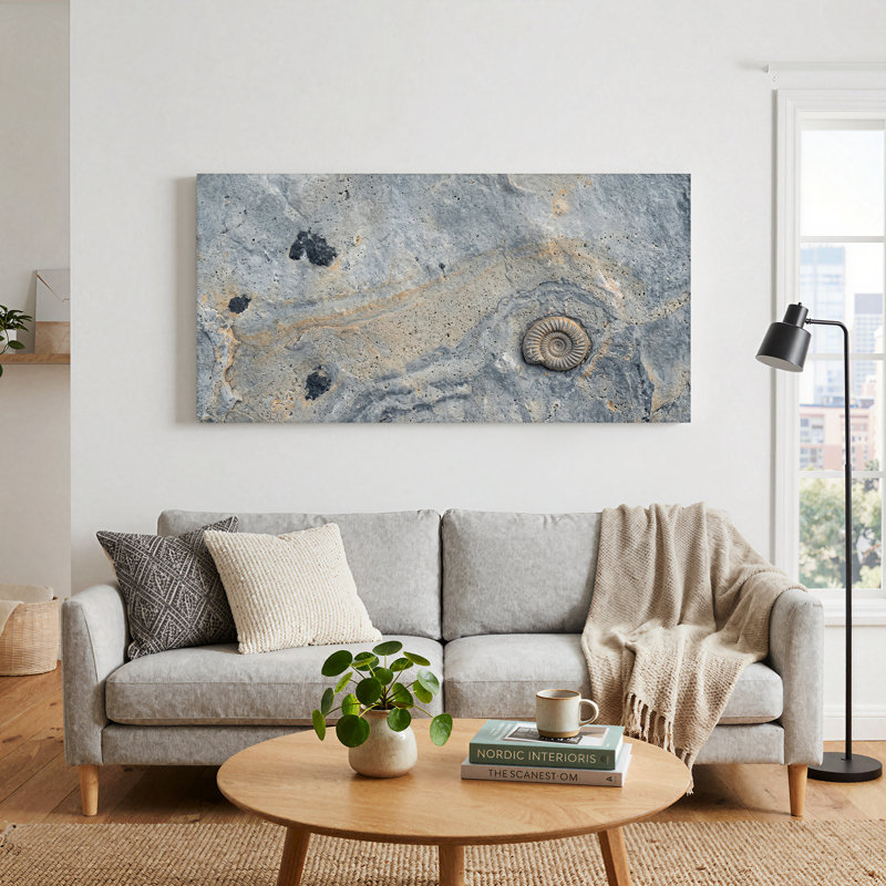 Spirale d'ammonite fossile dans une roche grise texturée, art mural, L 32 po x H 16 po