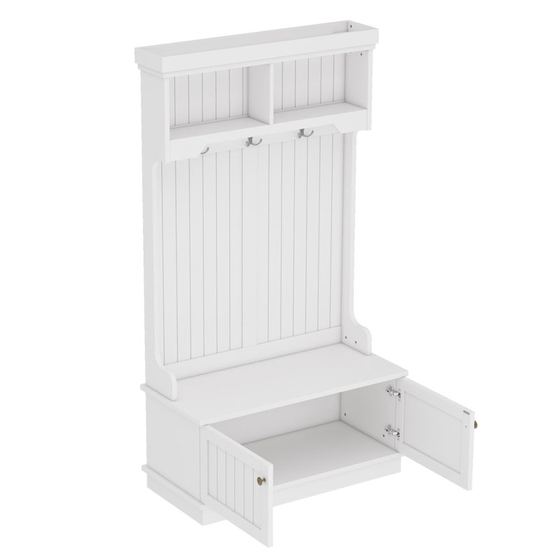 Hall Tree With Storage Shoe Bench For Entryway And Hallway, 4-In-1 Design Coat Racks With Hooks For Living Room, White, White