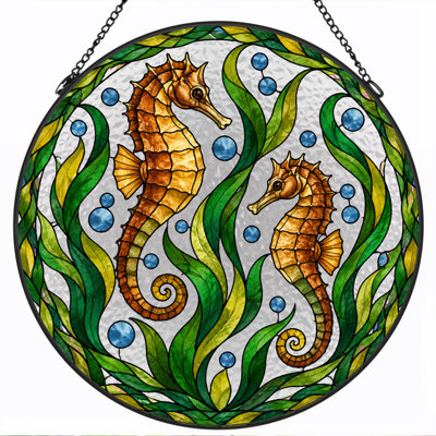 Art sur toile, hippocampes en verre coloré avec algues vertes